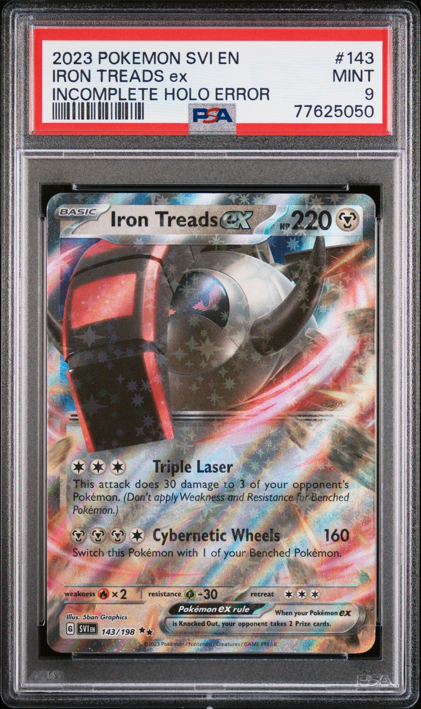 2023 POKEMON SVI EN-SCARLET & VIOLET #143 IRON TREADS ex INCOMPLETE HOLO ERROR - PSA 9